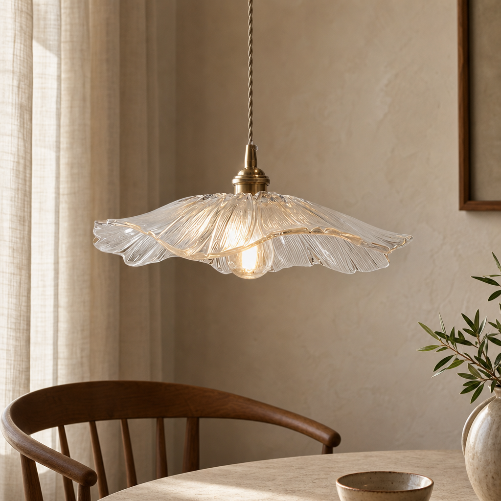 Transparante Design B lotus glazen hanglamp in een gezellige eethoek.