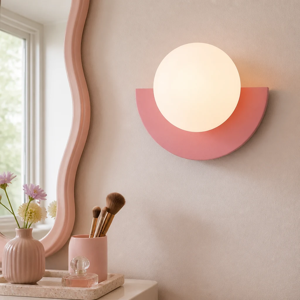 Detailopname van een kleurrijke roze macaron-wandlamp met bolvormige kap
