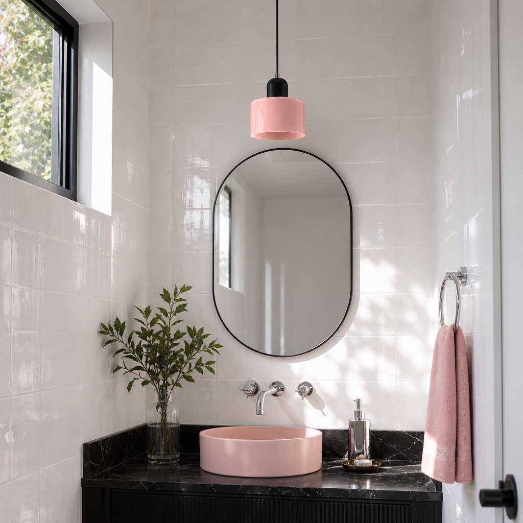 Roze hanglamp bij de badkamerspiegel