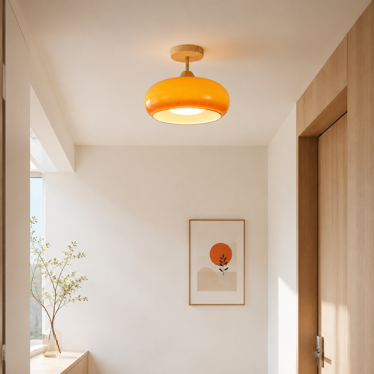 Plafonnier orange dans un couloir minimaliste
